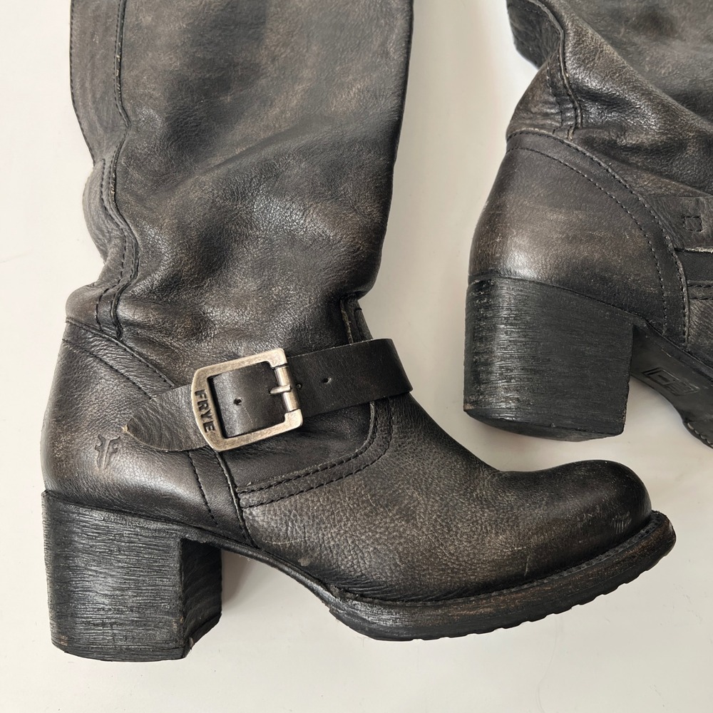 Vintage Frye Slouch Campus Boots Size 8 Black Leather Moto Biker Knee High Tall - Picture 10 of 14